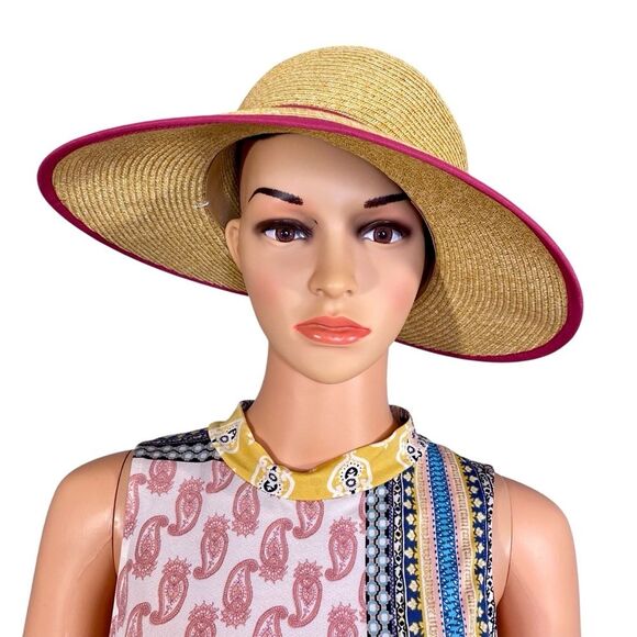 Sun N Sand Wide Brim Straw Hat w Fuchsia Trim UPF 50+ Protection Summer Must - Picture 2 of 8